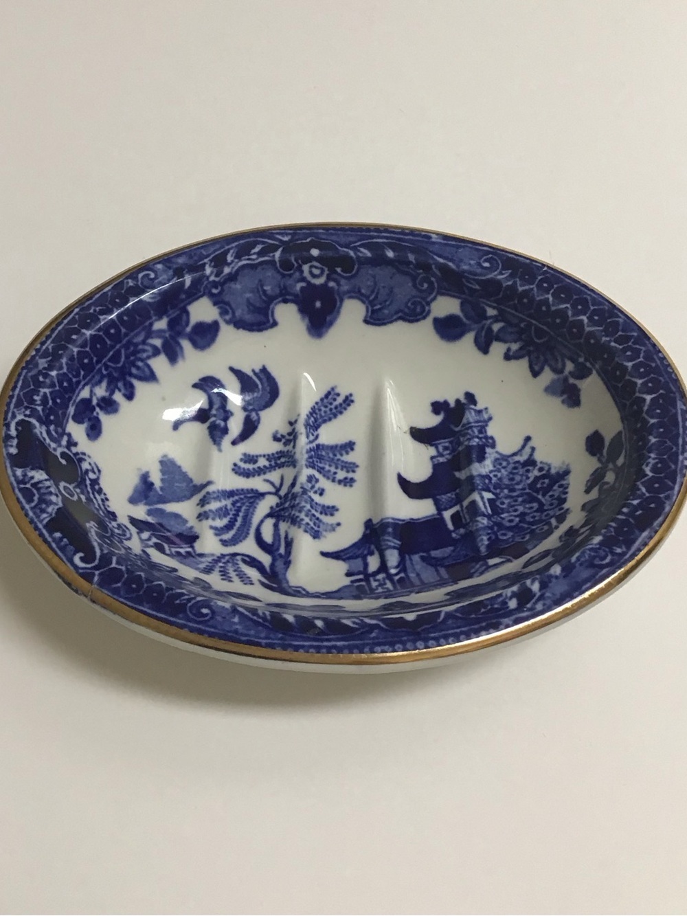 Blue Willow Antique 1920's England Burleigh Ware Oval Soap Dish Ridges Gold Rim - Picture 12 of 14